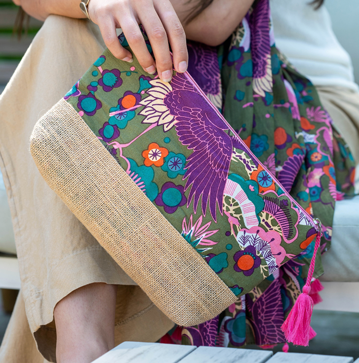POM Khaki and purple bird of paradise travel bag - [shop_name Strathaven] [womens clothing]