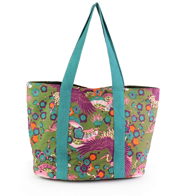 POM Khaki and purple bird of paradise beach bag - [shop_name Strathaven] [womens clothing]