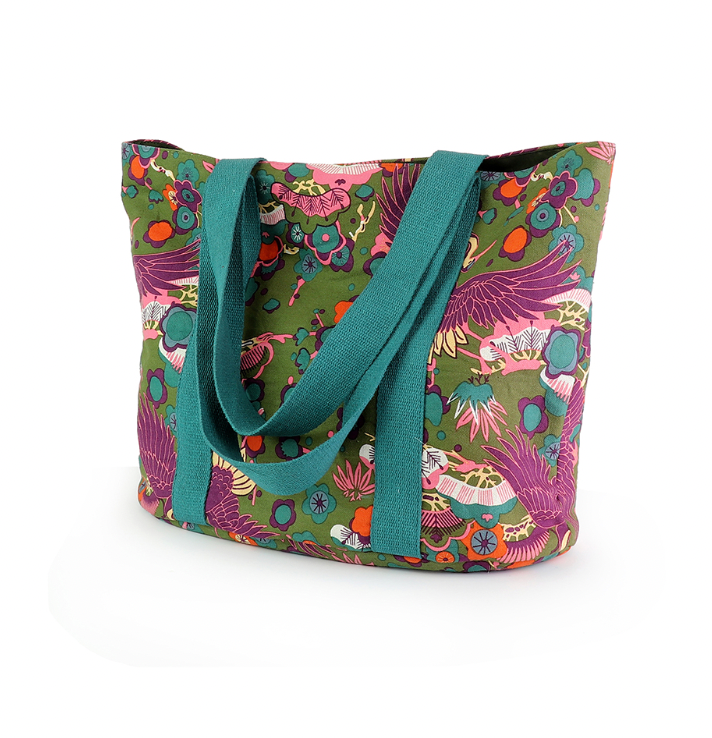 POM Khaki and purple bird of paradise beach bag - [shop_name Strathaven] [womens clothing]