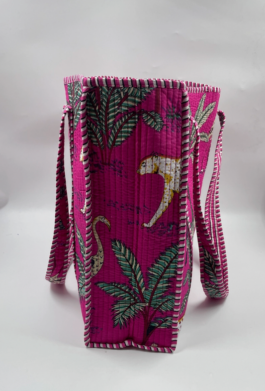 Quilted, reversible tote bag in pink leopard - [shop_name Strathaven] [womens clothing]