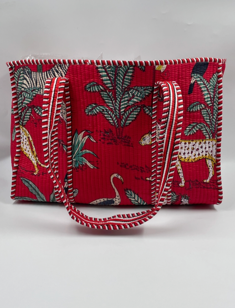 Quilted, reversible tote bag (smaller size) in red leopard - [shop_name Strathaven] [womens clothing]