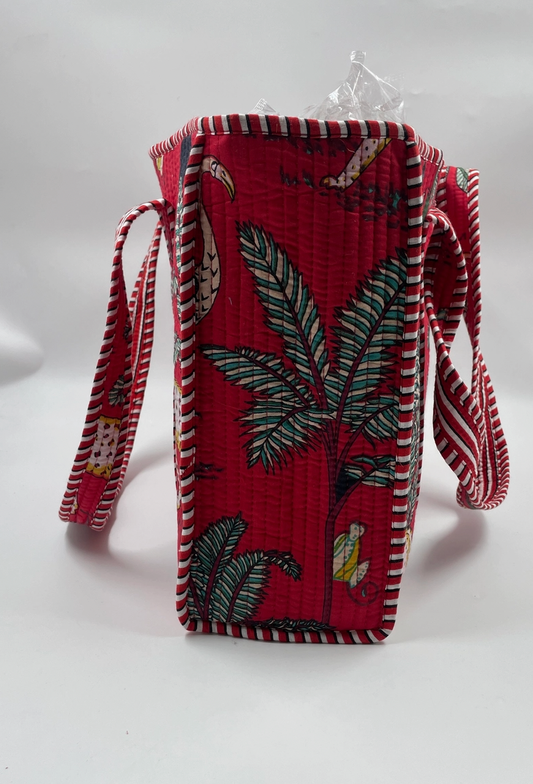 Quilted, reversible tote bag (smaller size) in red leopard - [shop_name Strathaven] [womens clothing]