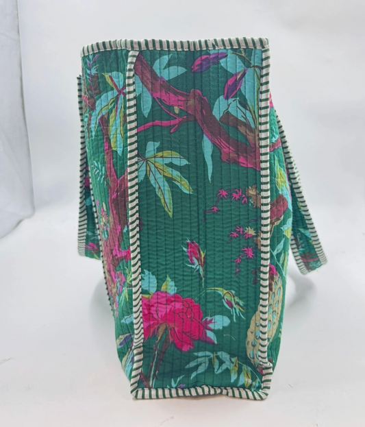 Quilted, reversible kantha tote bag in teal green - [shop_name Strathaven] [womens clothing]