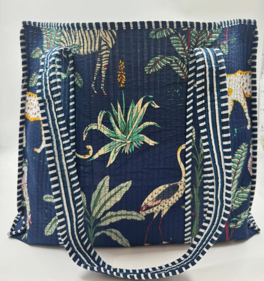 Quilted, reversible tote bag in navy bird design - [shop_name Strathaven] [womens clothing]
