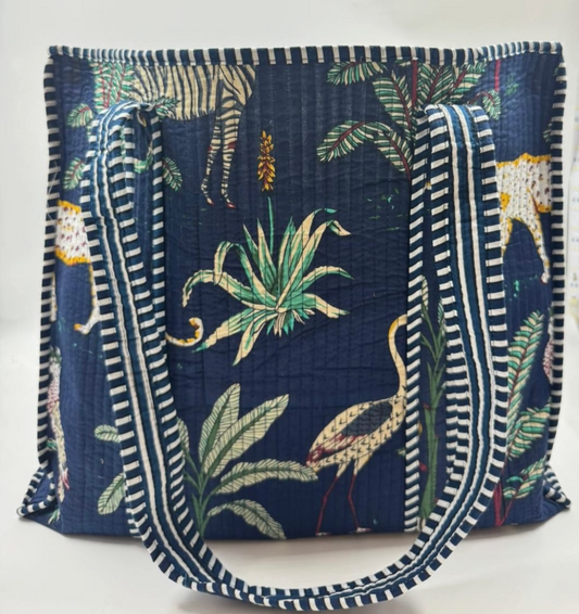 Quilted, reversible tote bag in navy bird design - [shop_name Strathaven] [womens clothing]