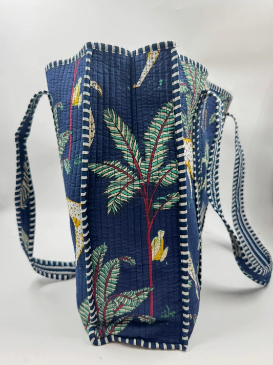 Quilted, reversible tote bag in navy bird design - [shop_name Strathaven] [womens clothing]
