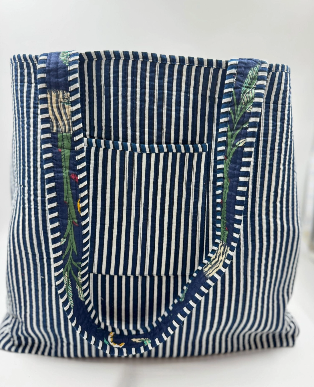 Quilted, reversible tote bag in navy bird design - [shop_name Strathaven] [womens clothing]