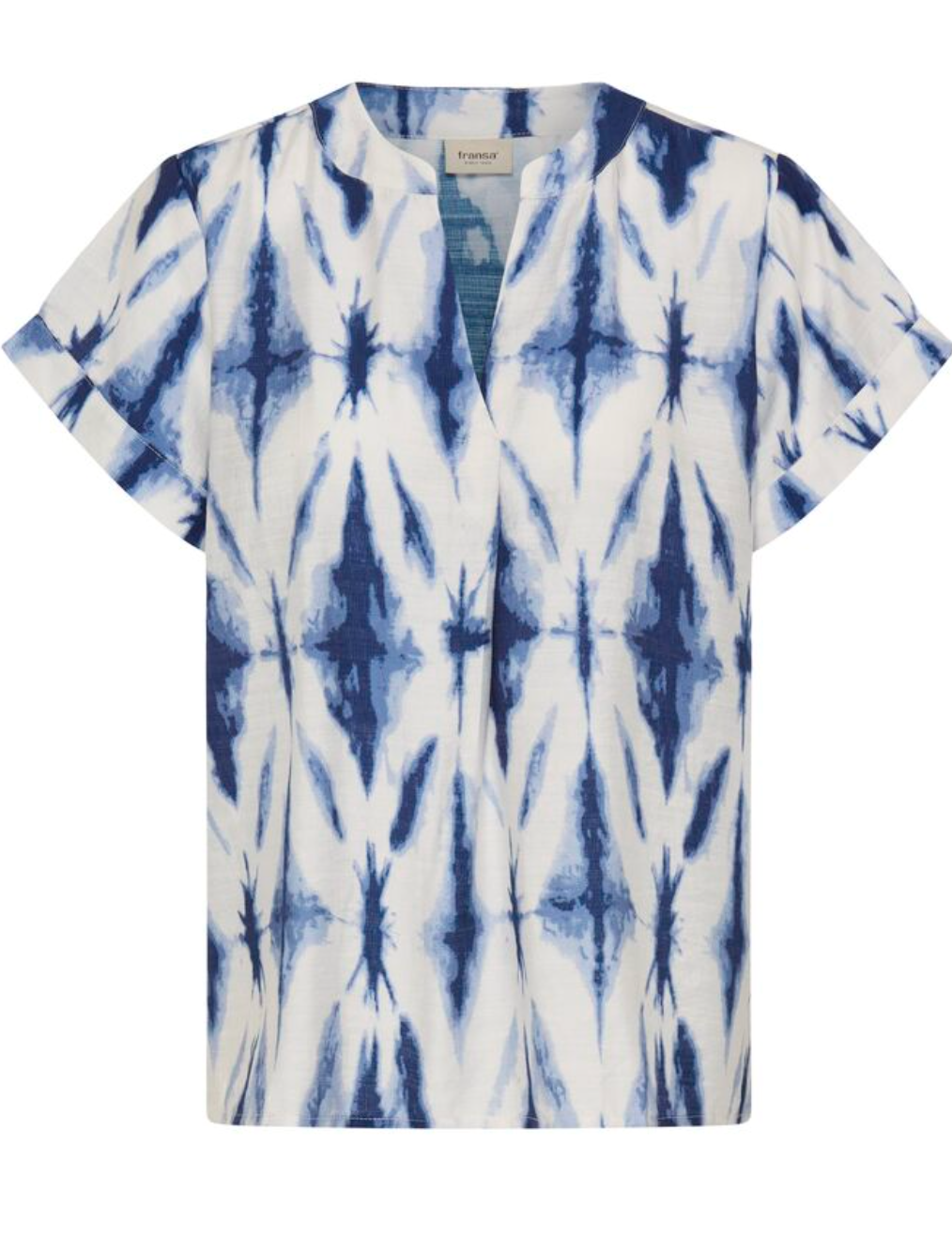 Fransa Ariana v neckline top with blue and white - [shop_name Strathaven] [womens clothing]