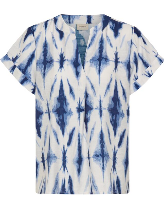 Fransa Ariana v neckline top with blue and white - [shop_name Strathaven] [womens clothing]