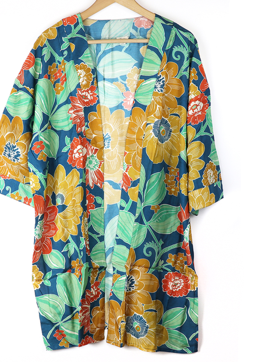 POM Kimono long floral blue and ochre cover up - [shop_name Strathaven] [womens clothing]