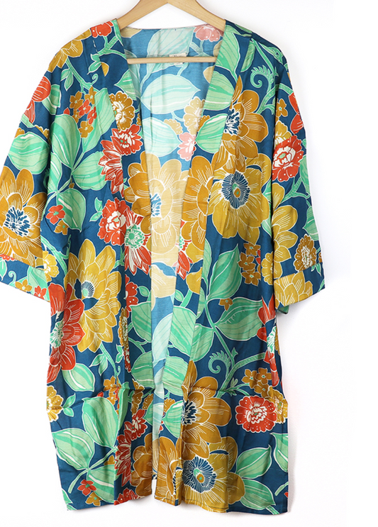 POM Kimono long floral blue and ochre cover up - [shop_name Strathaven] [womens clothing]