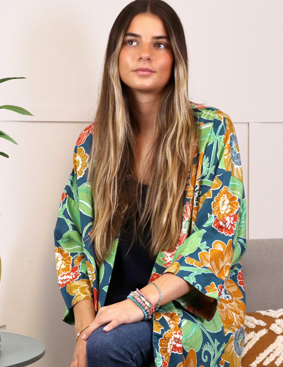 POM Kimono long floral blue and ochre cover up - [shop_name Strathaven] [womens clothing]