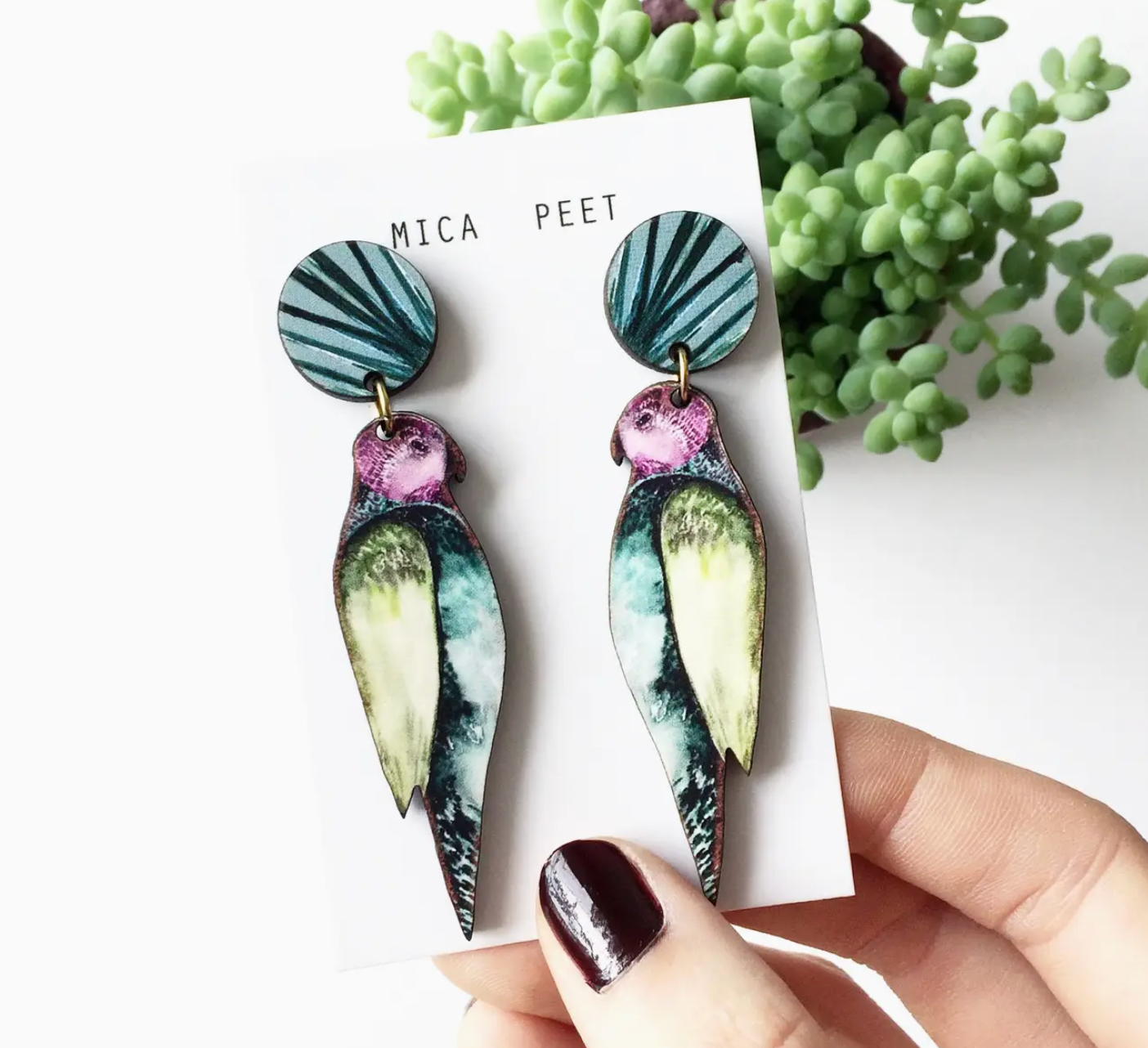 Mica Peet statement parrot drop earrings