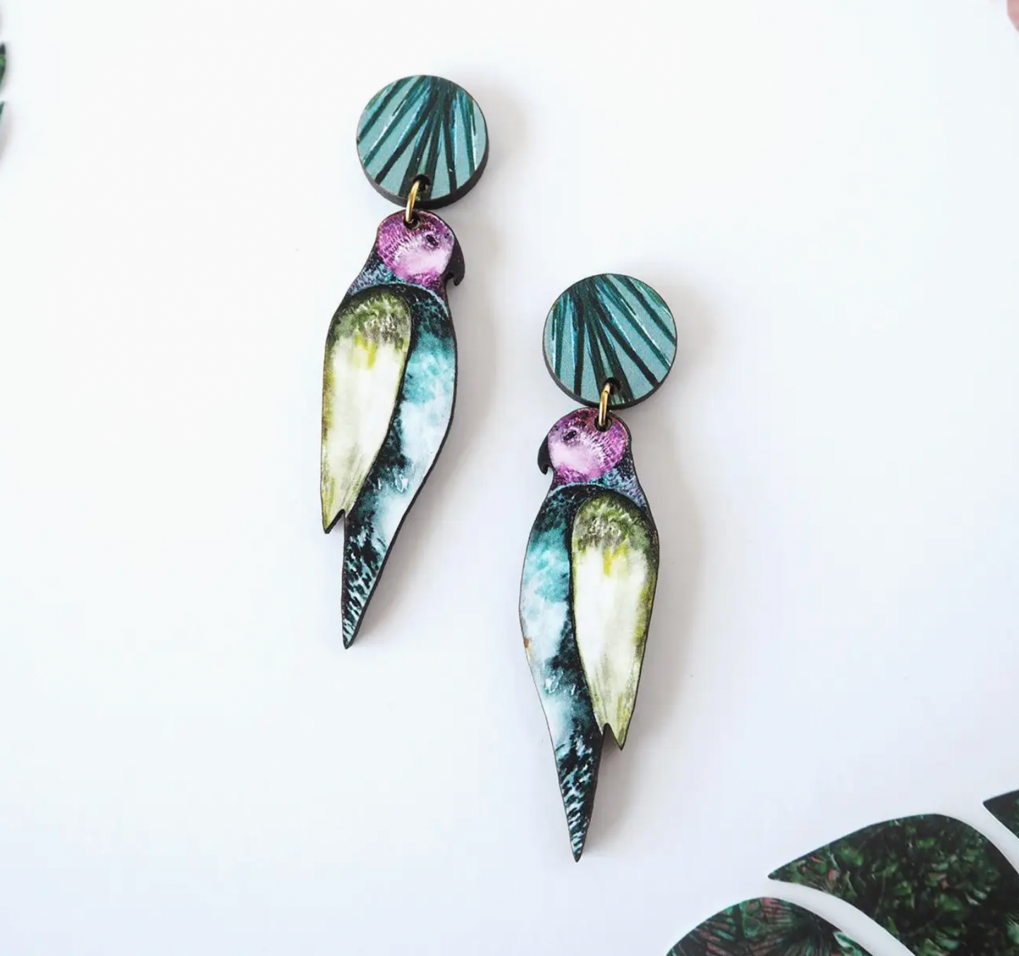 Mica Peet statement parrot drop earrings