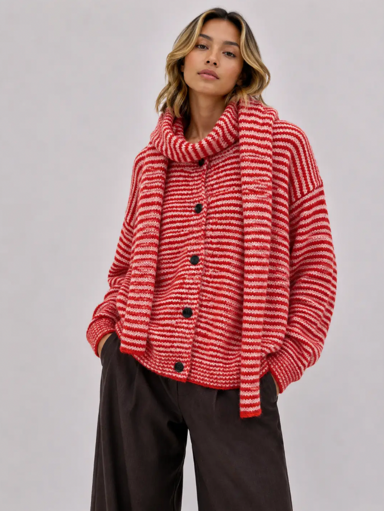 Striped knit cardigan with matching slim scarf - [shop_name Strathaven] [womens clothing]