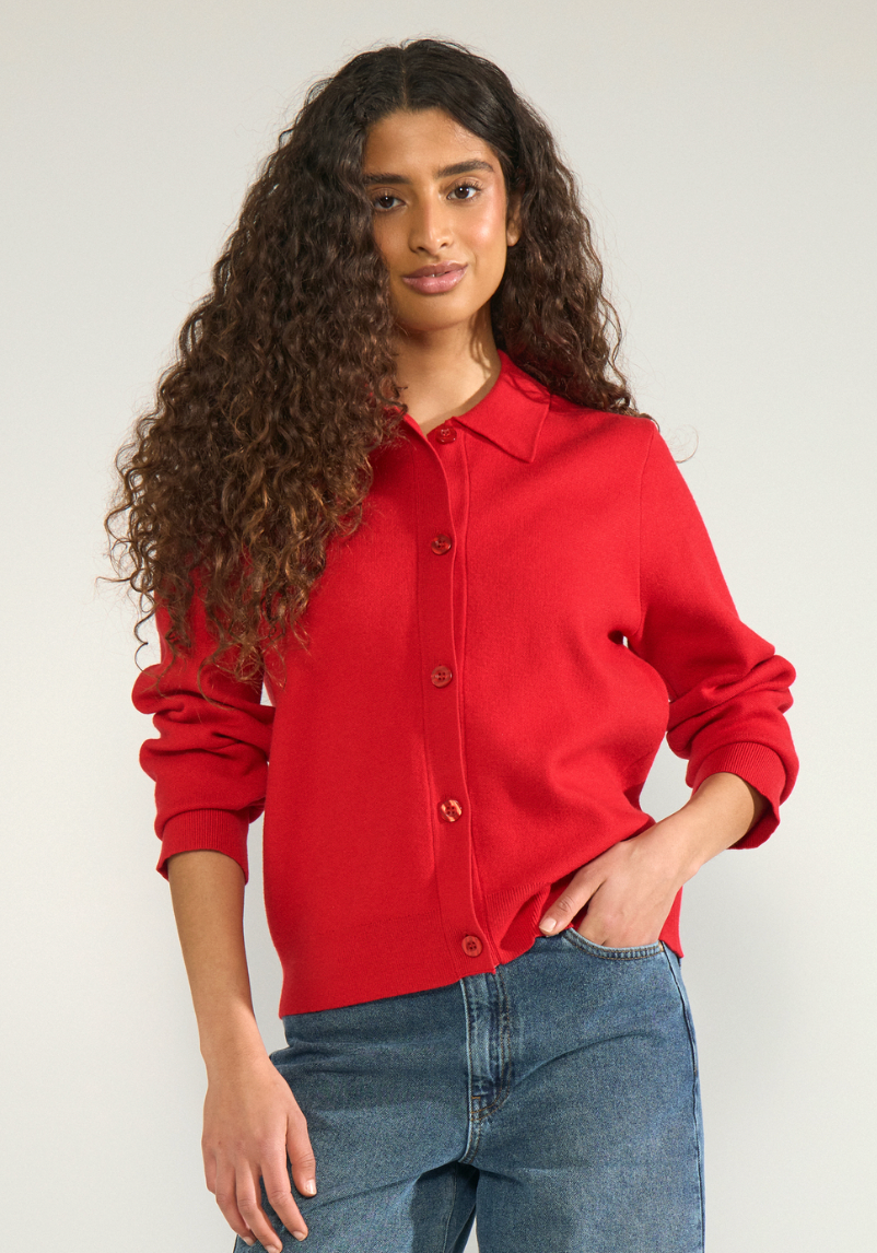 Numph Numarta polo cardigan in goji berry red