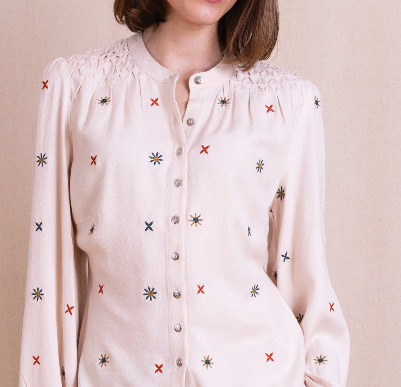 Nomads embroidered tuck detail shirt in wax - [shop_name Strathaven] [womens clothing]