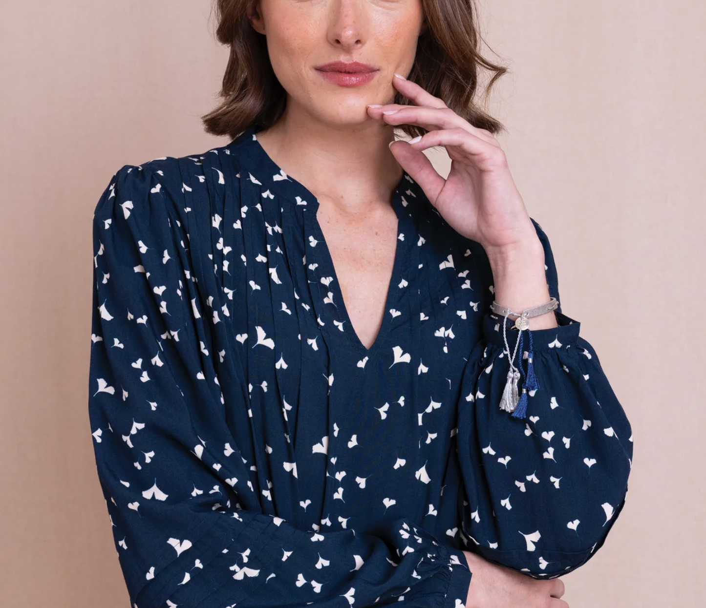 Nomads navy pintuck blouse