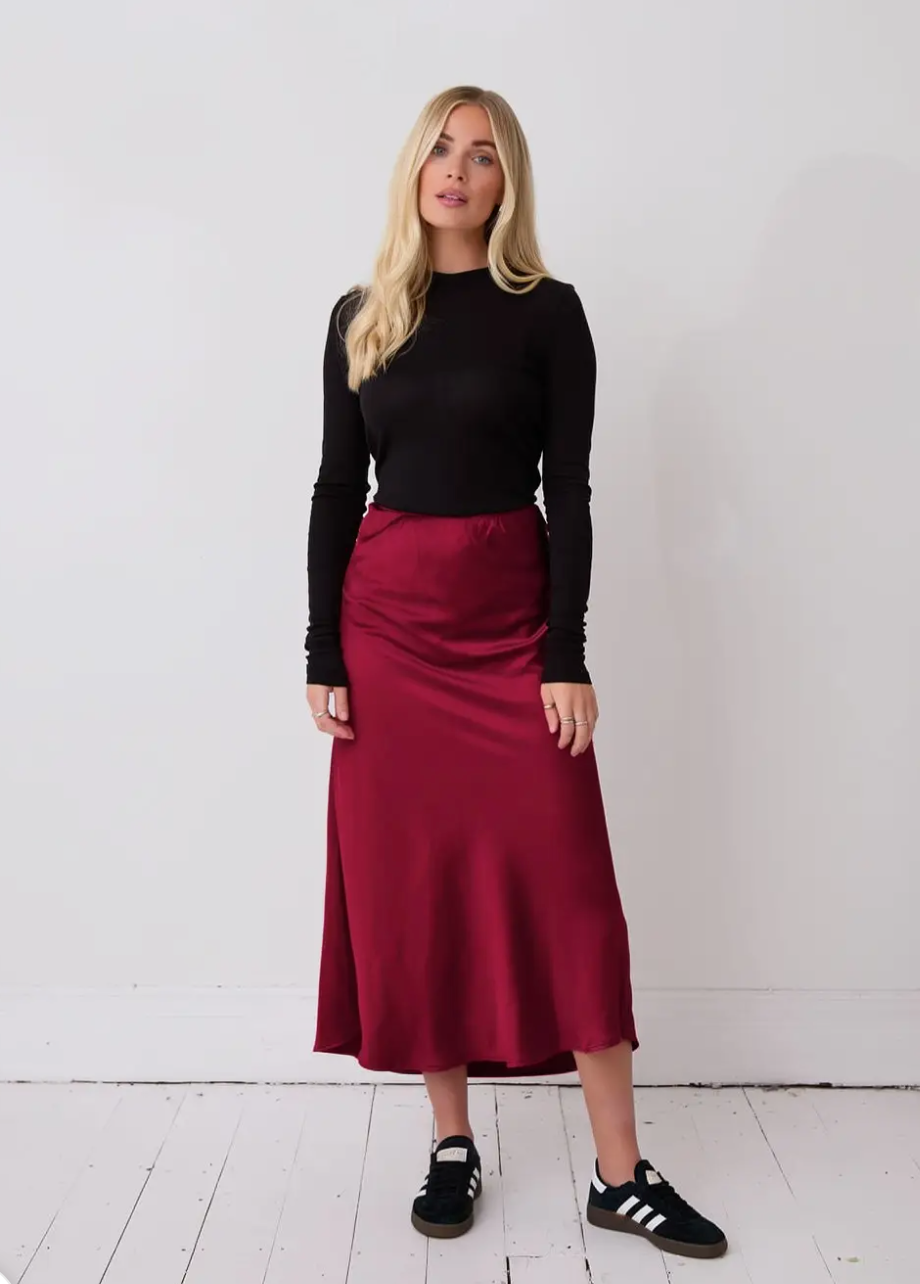 Fika Burgundy Angel satin bias cut skirt