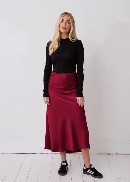 Fika Burgundy Angel satin bias cut skirt