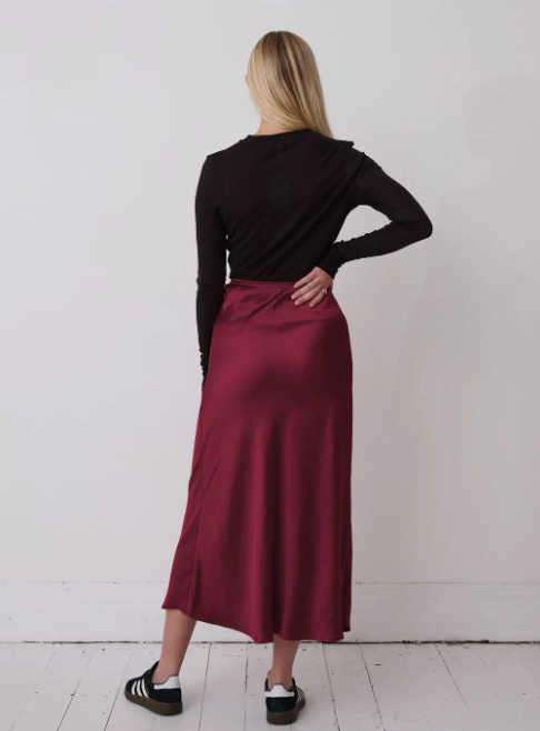 Fika Burgundy Angel satin bias cut skirt