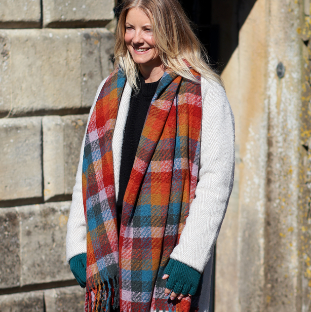 POM Jessica red, lilac and multi check scarf