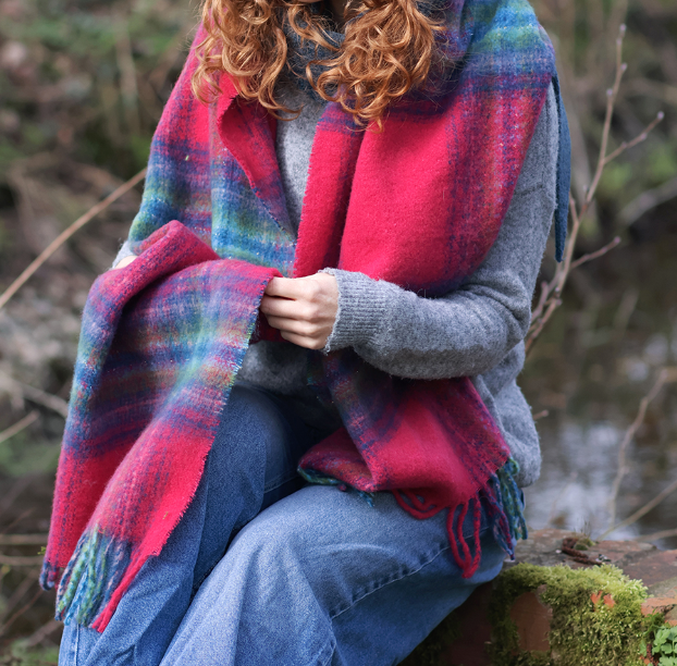 POM Miranda blue, green & raspberry check scarf