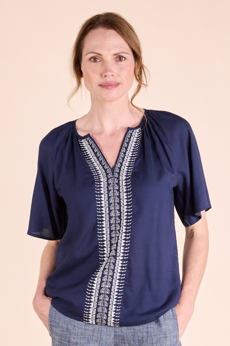 Nomads embroidered viscose top in ink