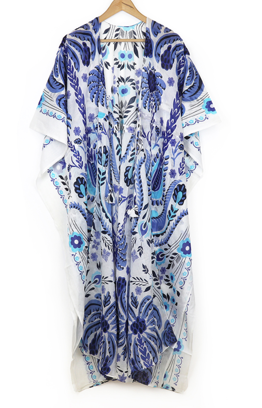 POM Blue & white organic cotton folksy cover up