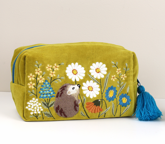POM Chartreuse velvet make up bag with tassel