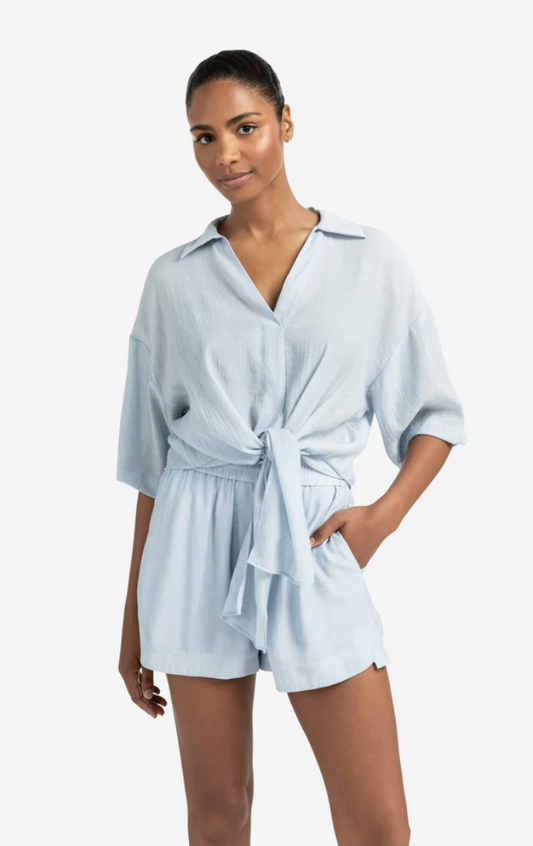 Yaya baby blue top with knotted waist and wide sleeve