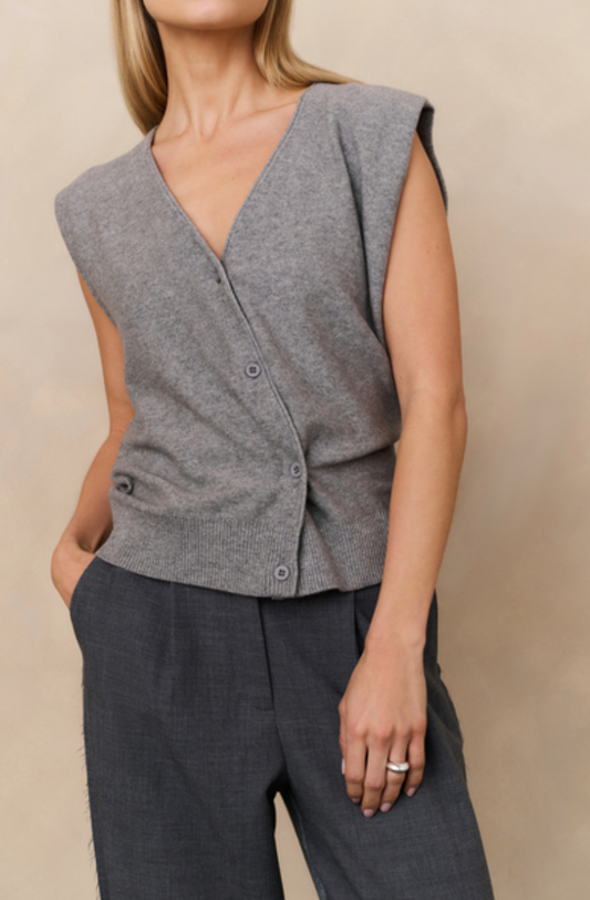 Yaya medium grey melange vest knit with button twist detail