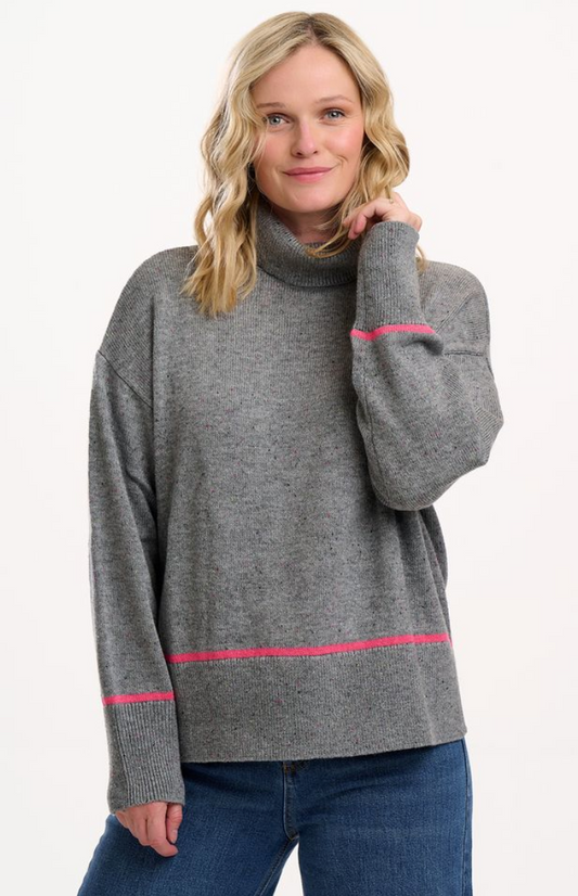 Sugarhill Brighton Kelli roll neck jumper in grey with pink trim