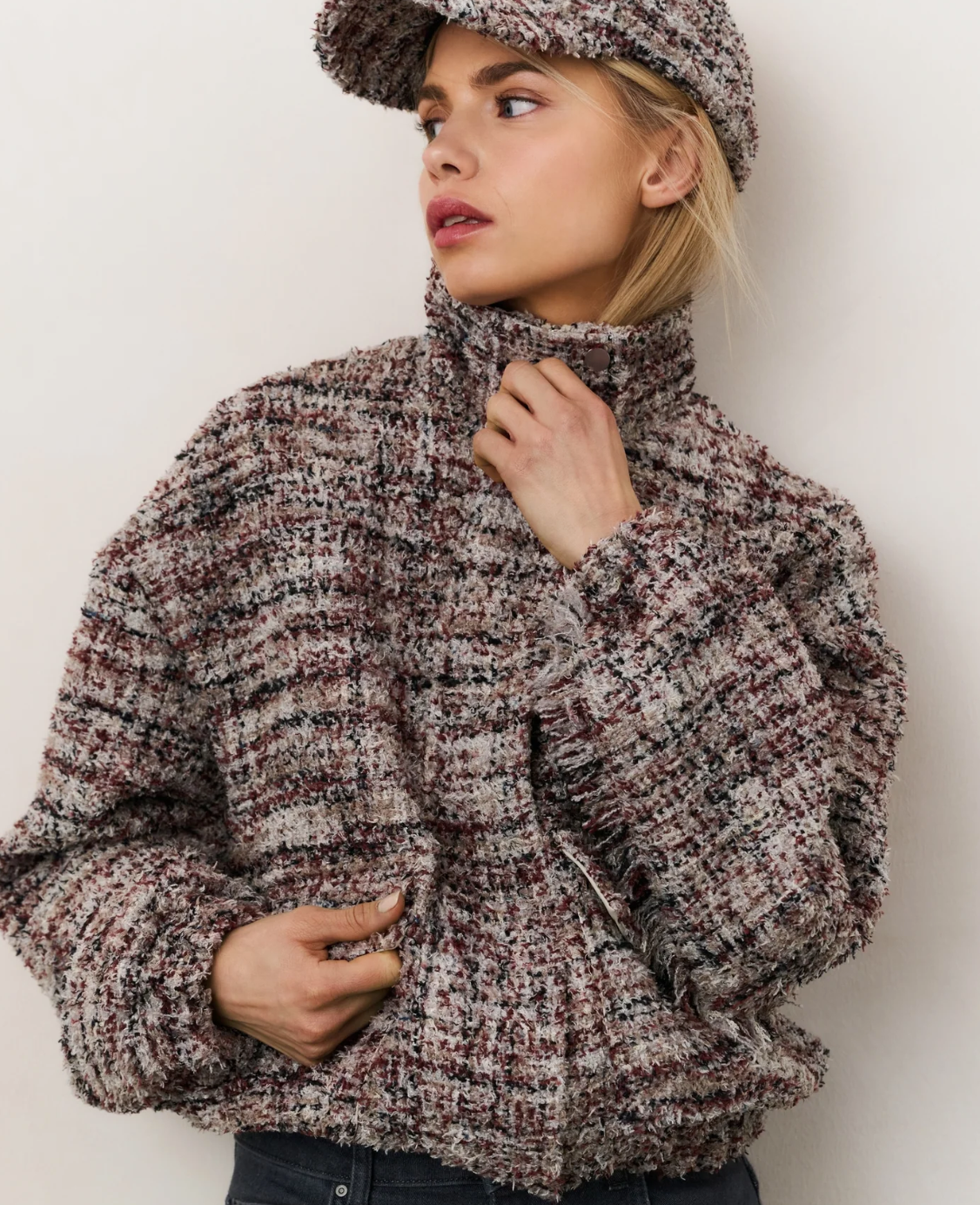 Yaya boucle jacket with fringes in blush pink