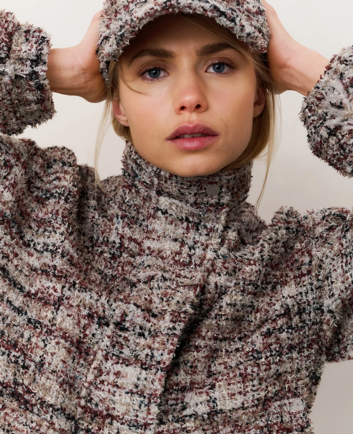 Yaya boucle jacket with fringes in blush pink