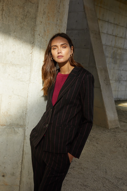 Paz Torras brown trouser with herringbone pink stripe