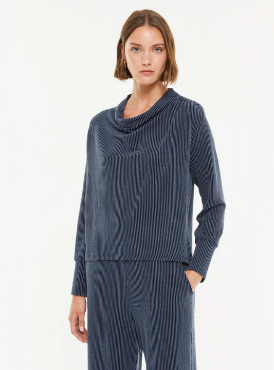 Paz Torras navy and grey textured top with shoulder button detail