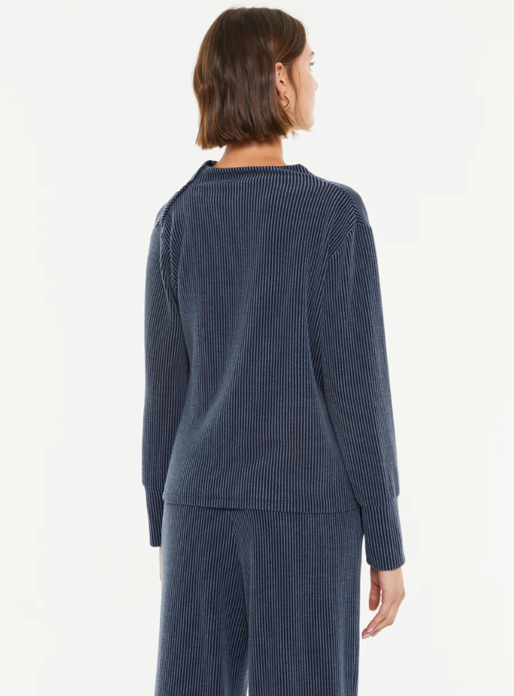 Paz Torras navy and grey textured top with shoulder button detail
