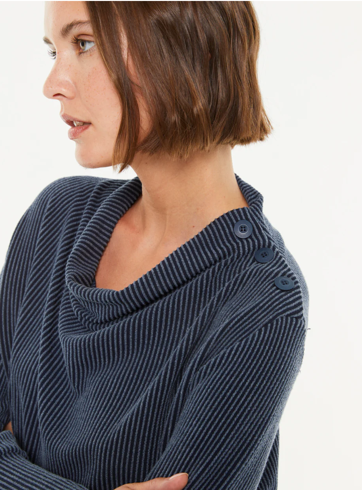 Paz Torras navy and grey textured top with shoulder button detail