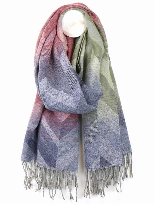 Pom Scarf with pink and blue mix chevron weave