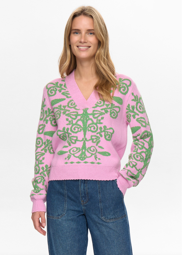 Numph Nuseida pink and green sweater