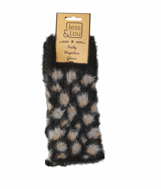 Jess & Lou fluffy animal print fingerless gloves