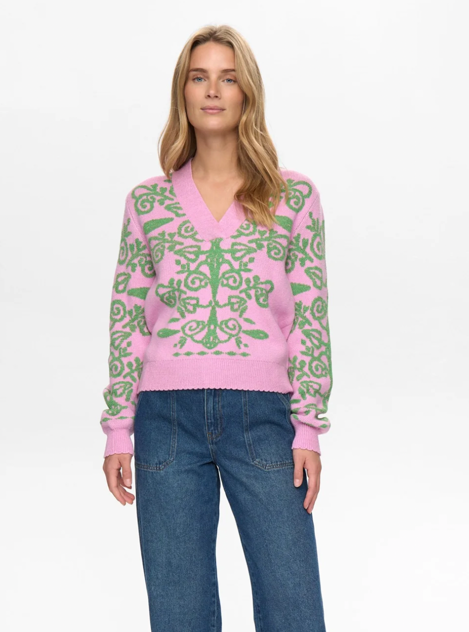 Numph Nuseida pink and green sweater