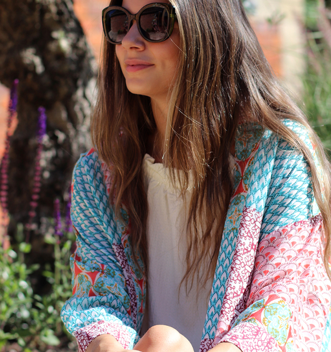 POM Long kimono in teal blue and coral - [shop_name Strathaven] [womens clothing]