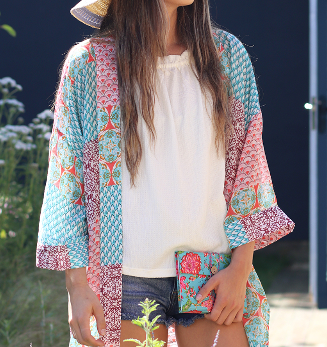 POM Long kimono in teal blue and coral - [shop_name Strathaven] [womens clothing]