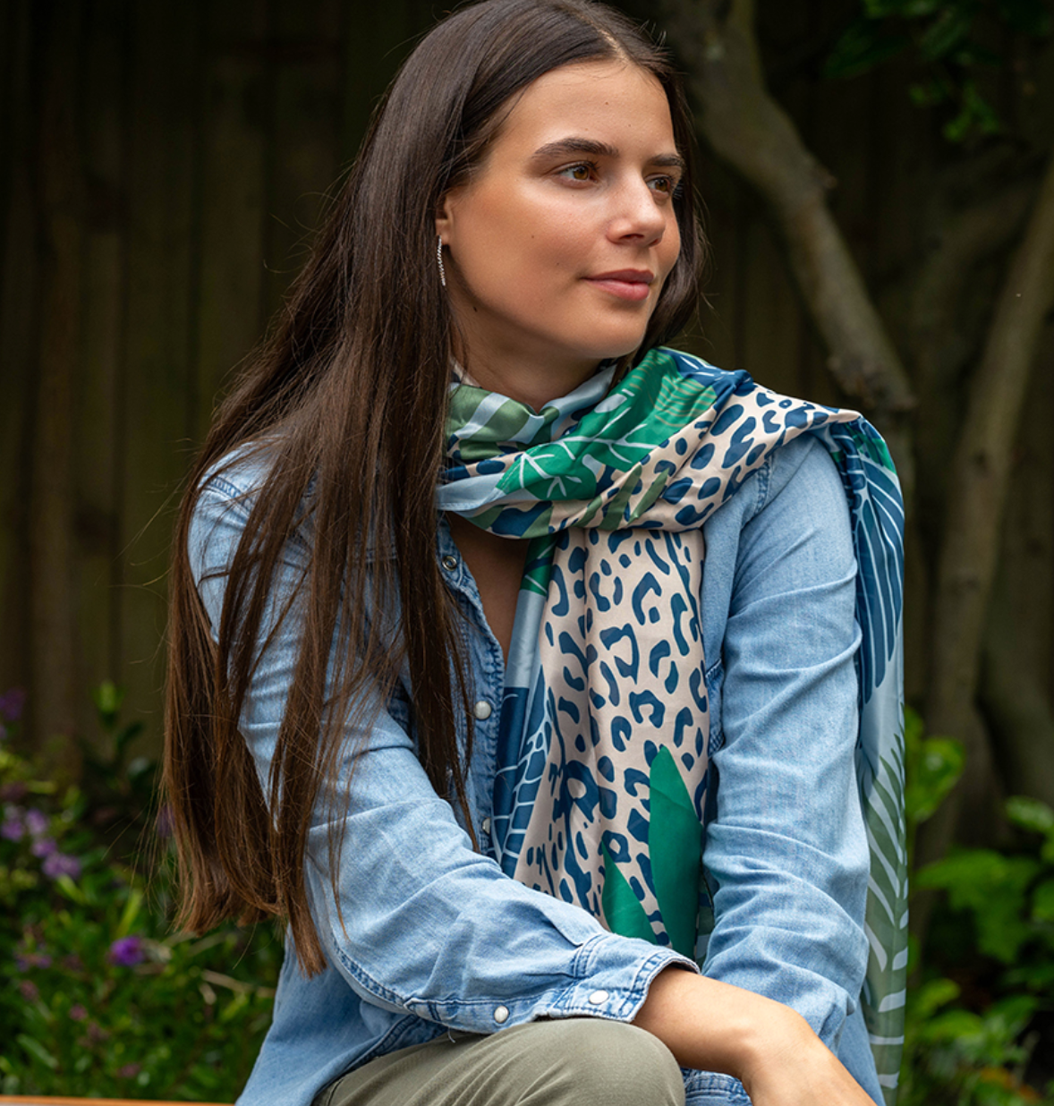 Blue mix palm leaf and animal print recycled scarf - [shop_name Strathaven] [womens clothing]