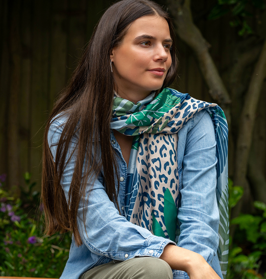 Blue mix palm leaf and animal print recycled scarf - [shop_name Strathaven] [womens clothing]