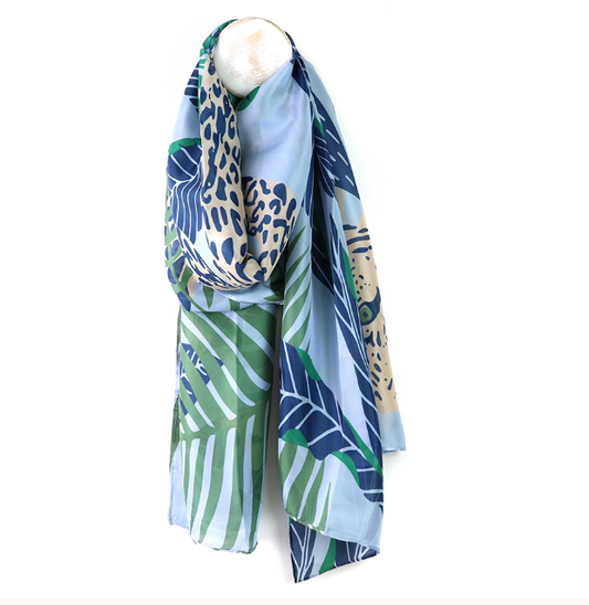 Blue mix palm leaf and animal print recycled scarf - [shop_name Strathaven] [womens clothing]