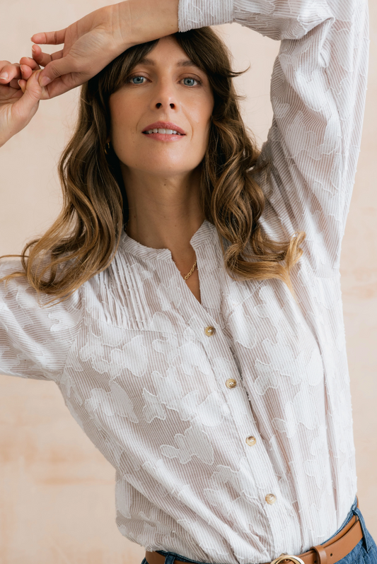 Lily & Me Poplar blouse in mocha pinstripe - [shop_name Strathaven] [womens clothing]