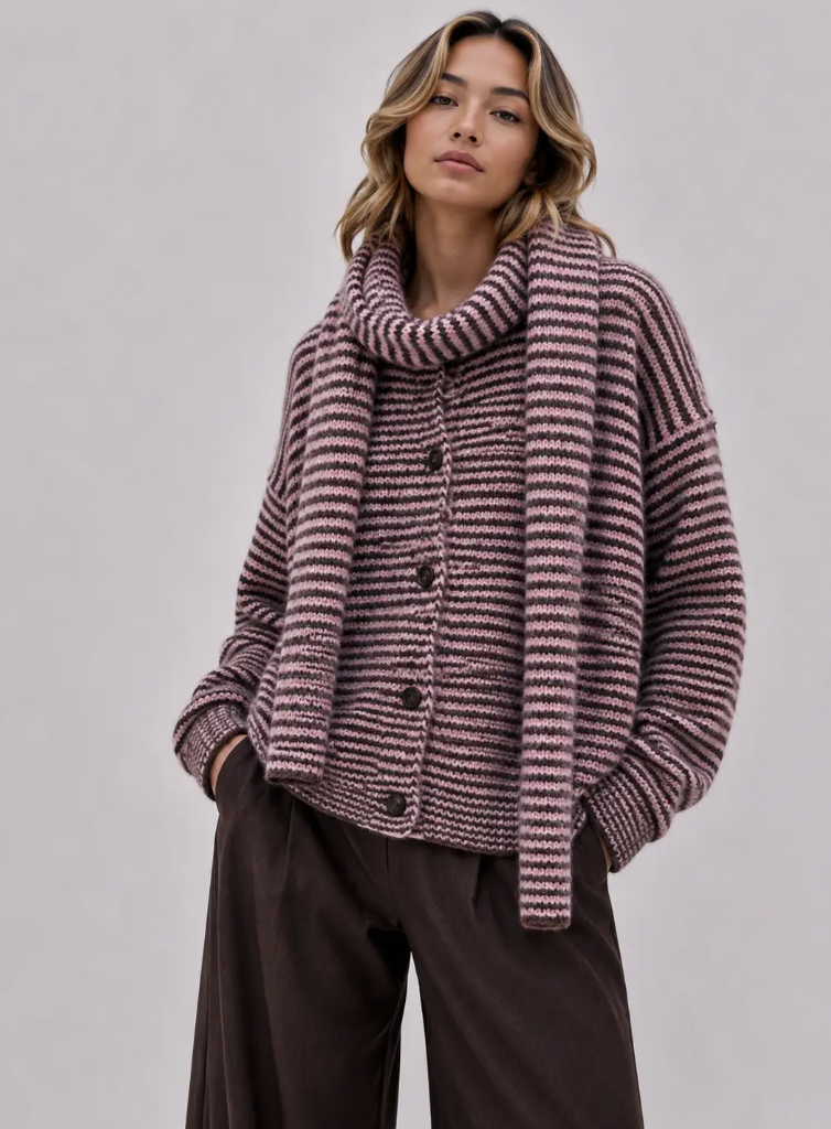 Striped knit cardigan with matching slim scarf - [shop_name Strathaven] [womens clothing]